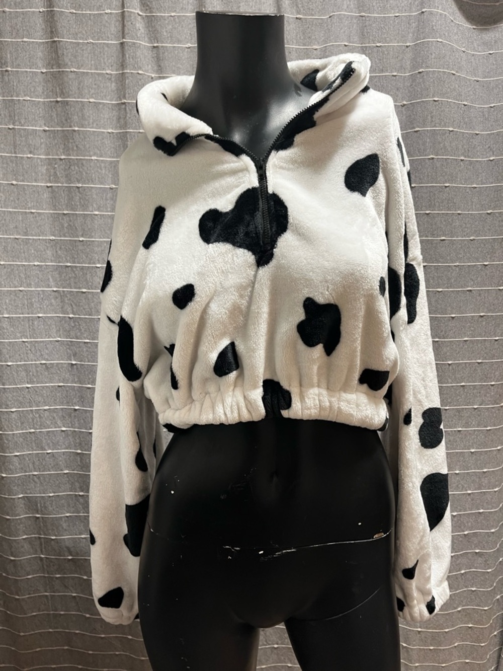 Cow Print Super Soft Half Zip Crop Top Long Sleeve Sweater